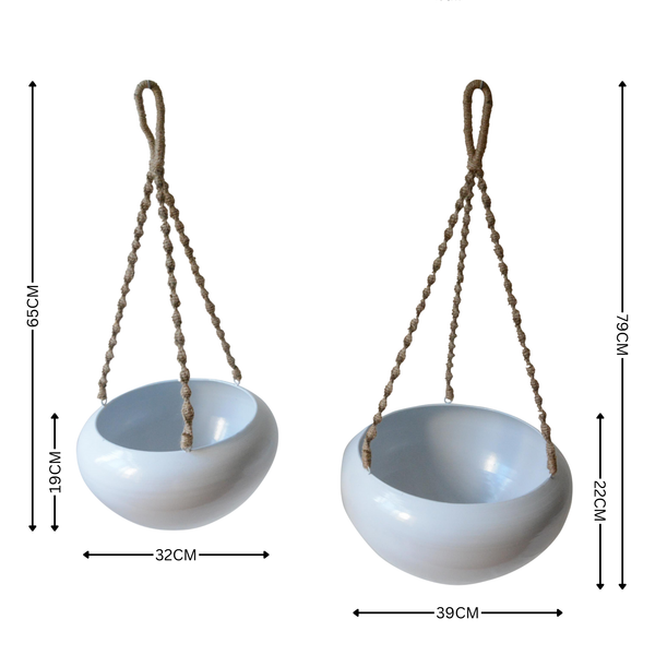 Set of 2 Indoor/Outdoor Metal Hanging Pot Planter with Rope - White