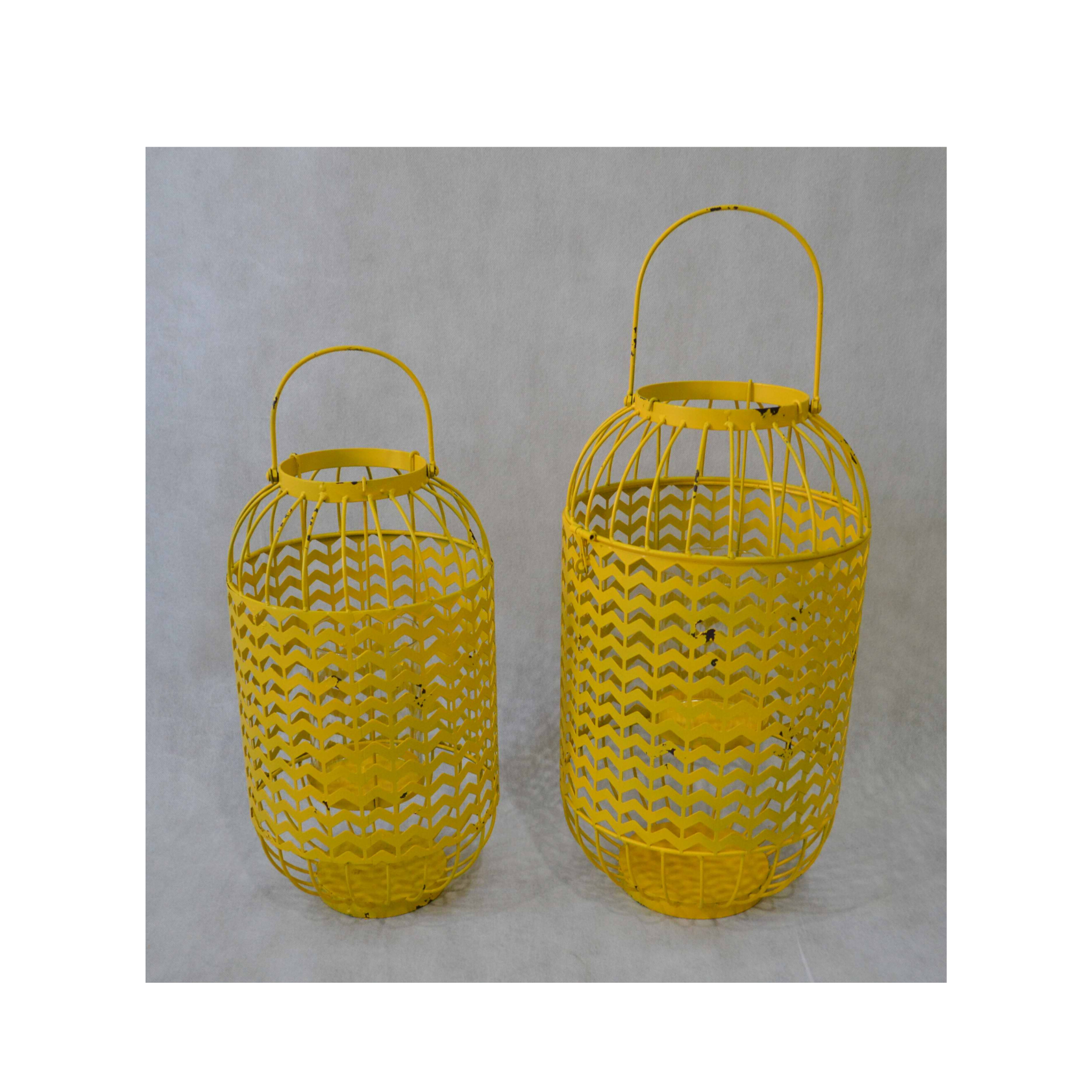 Set of 2, Metal Lantern Candle Holders - Yellow 