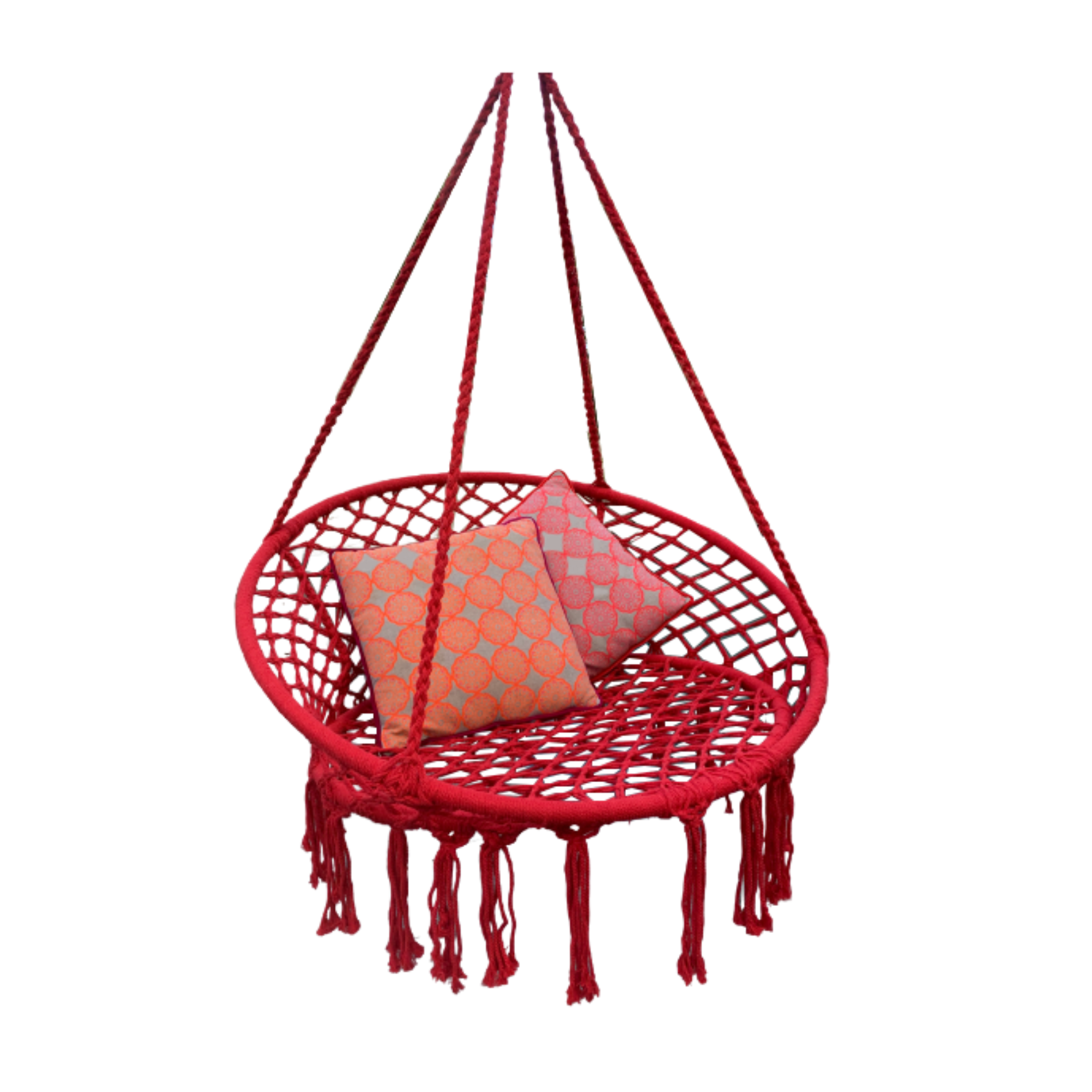 Macrame Hanging chair. Made from woven raspberry coloured  cotton,