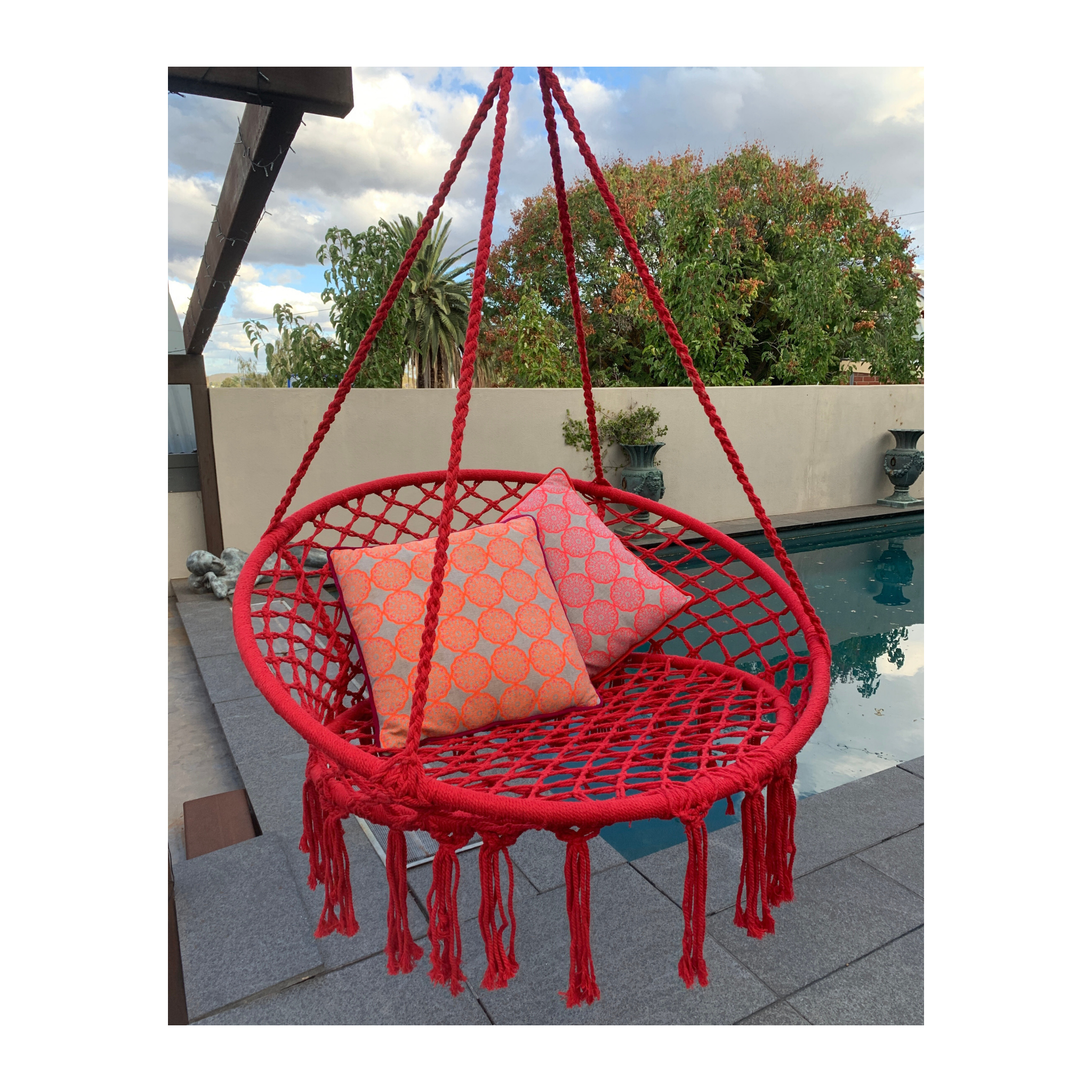 Macrame Hanging chair. Made from woven raspberry  cotton,