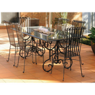 Outdoor Dining setting made from natural stone- Granite, 6 wrought iron dining chairs- Emily style and solid iron table base. Pictured in a courtyard, garden setting.