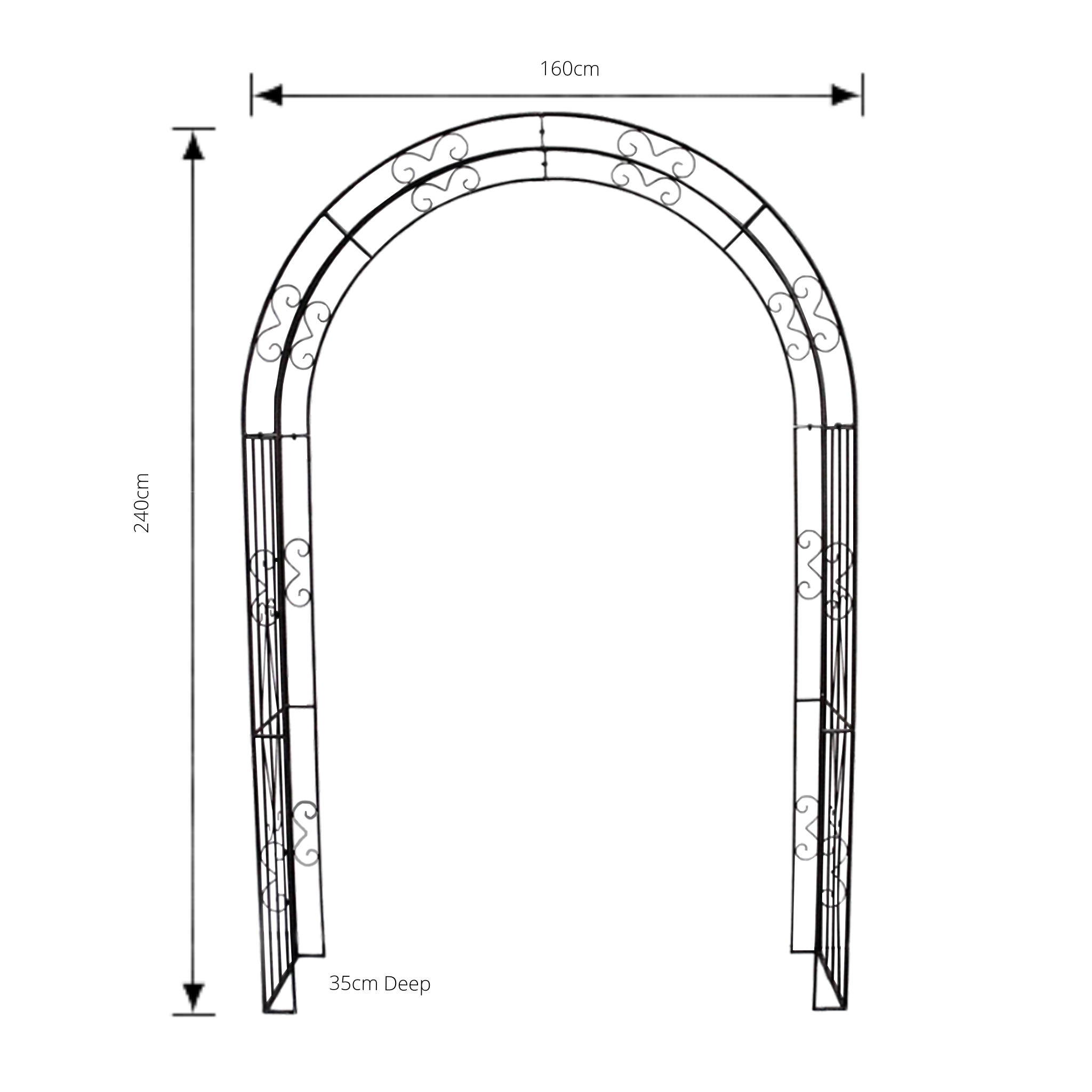 Wide metal garden arch in Rusty Brown with measurements