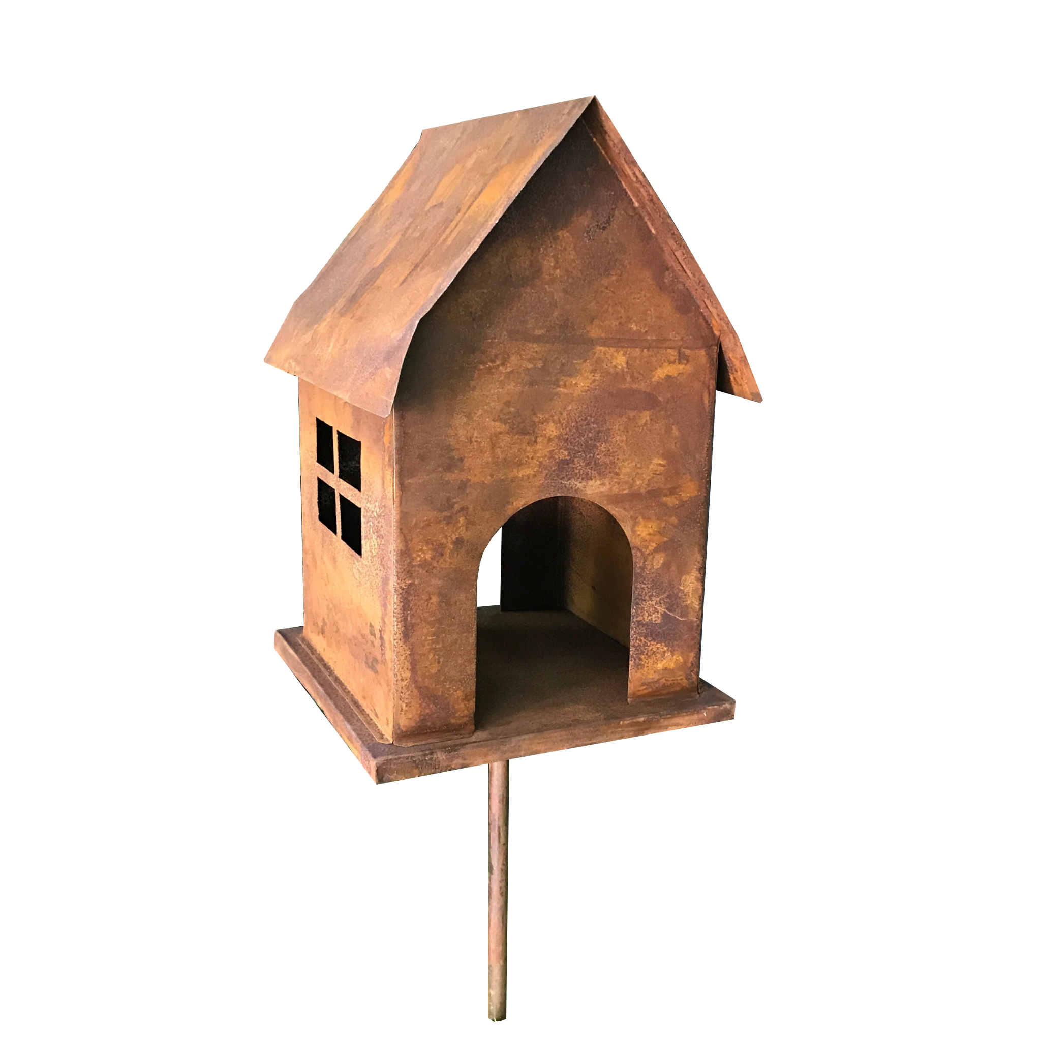 Birdhouse on stake made from rusty metal