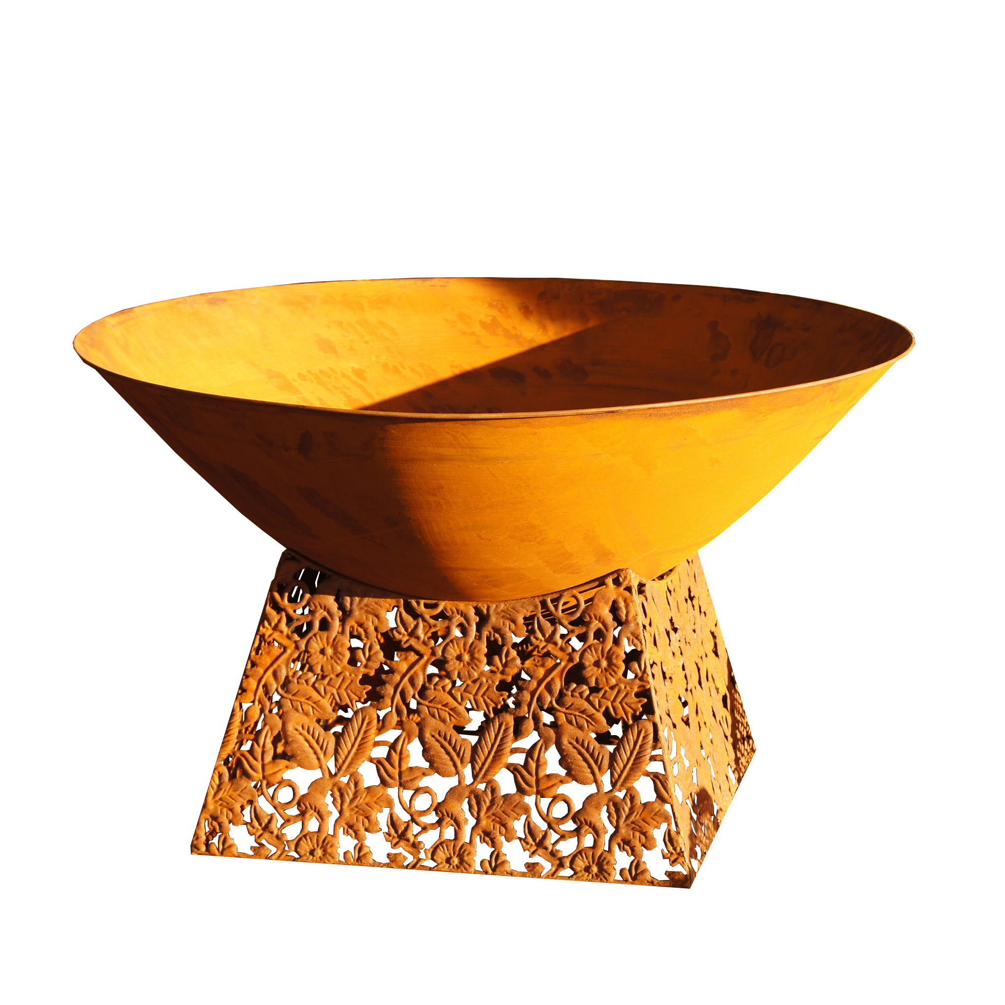 rusty metal fire bowl with laser cut base