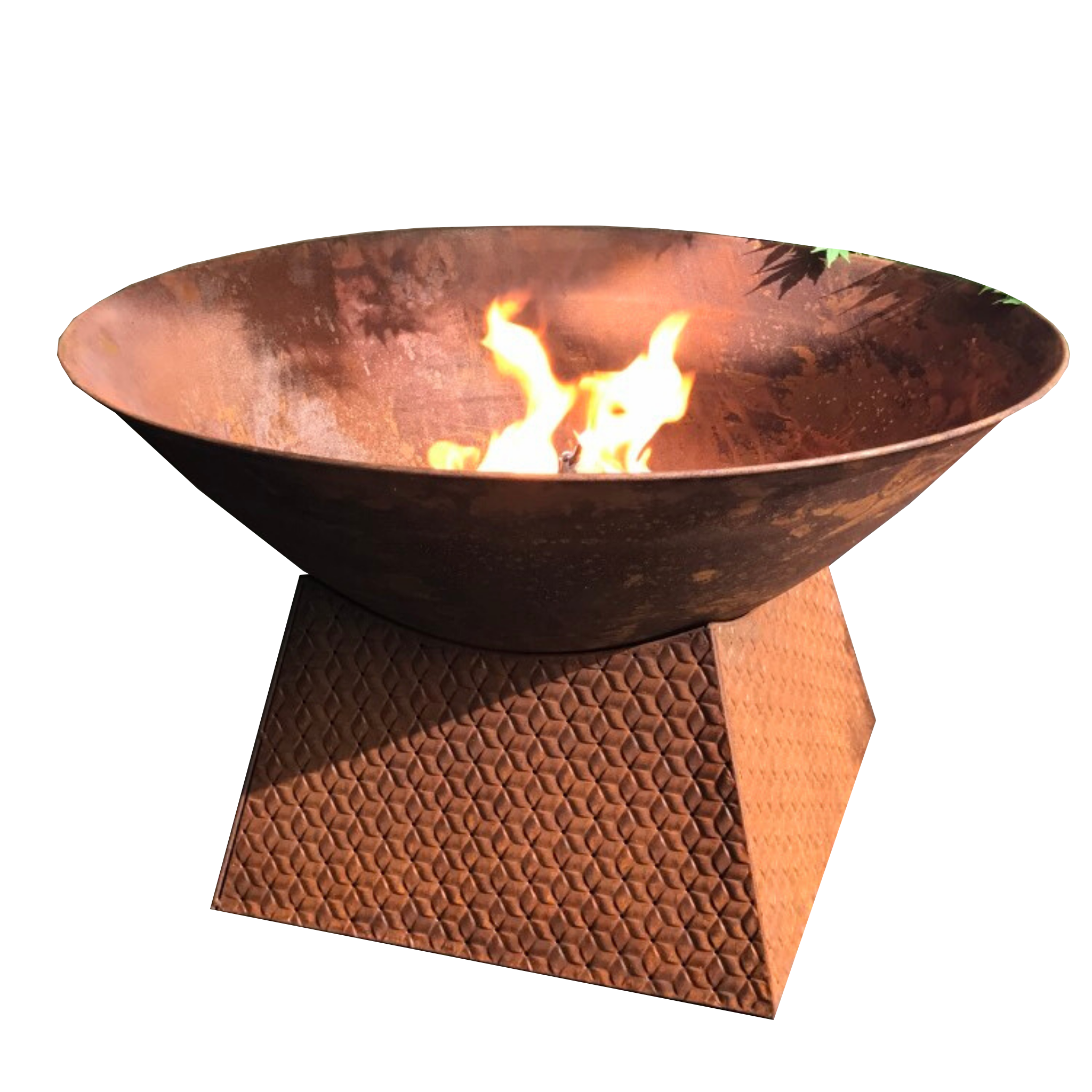 rusty metal fire bowl with weave base